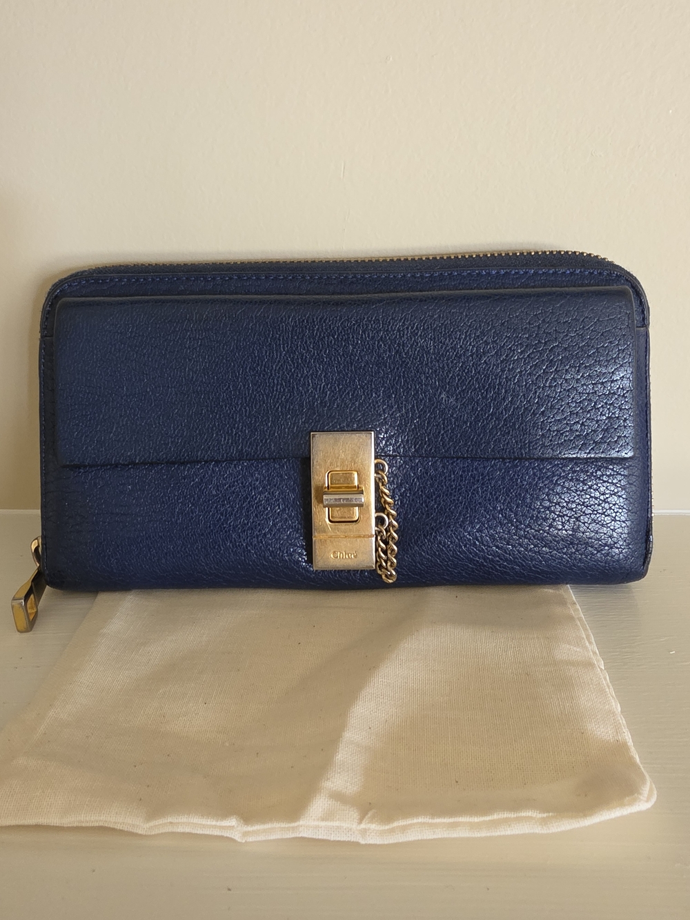 Chloe Navy Leather Zip Wallet with Gold Hardware And Chain Detail